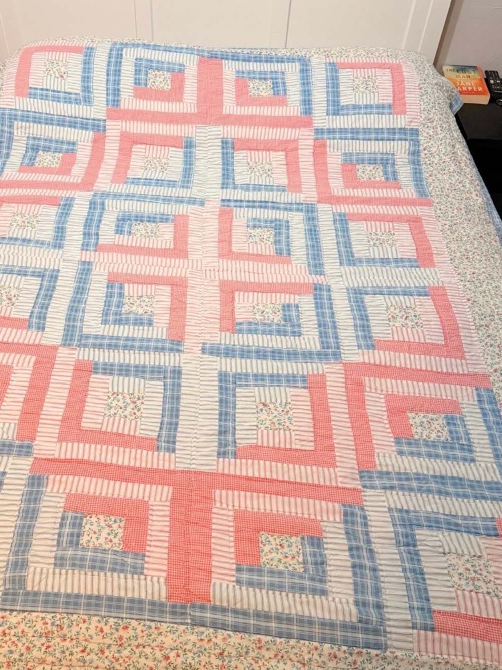 Vintage Floral Log Cabin Quilt - Blue & Pink
